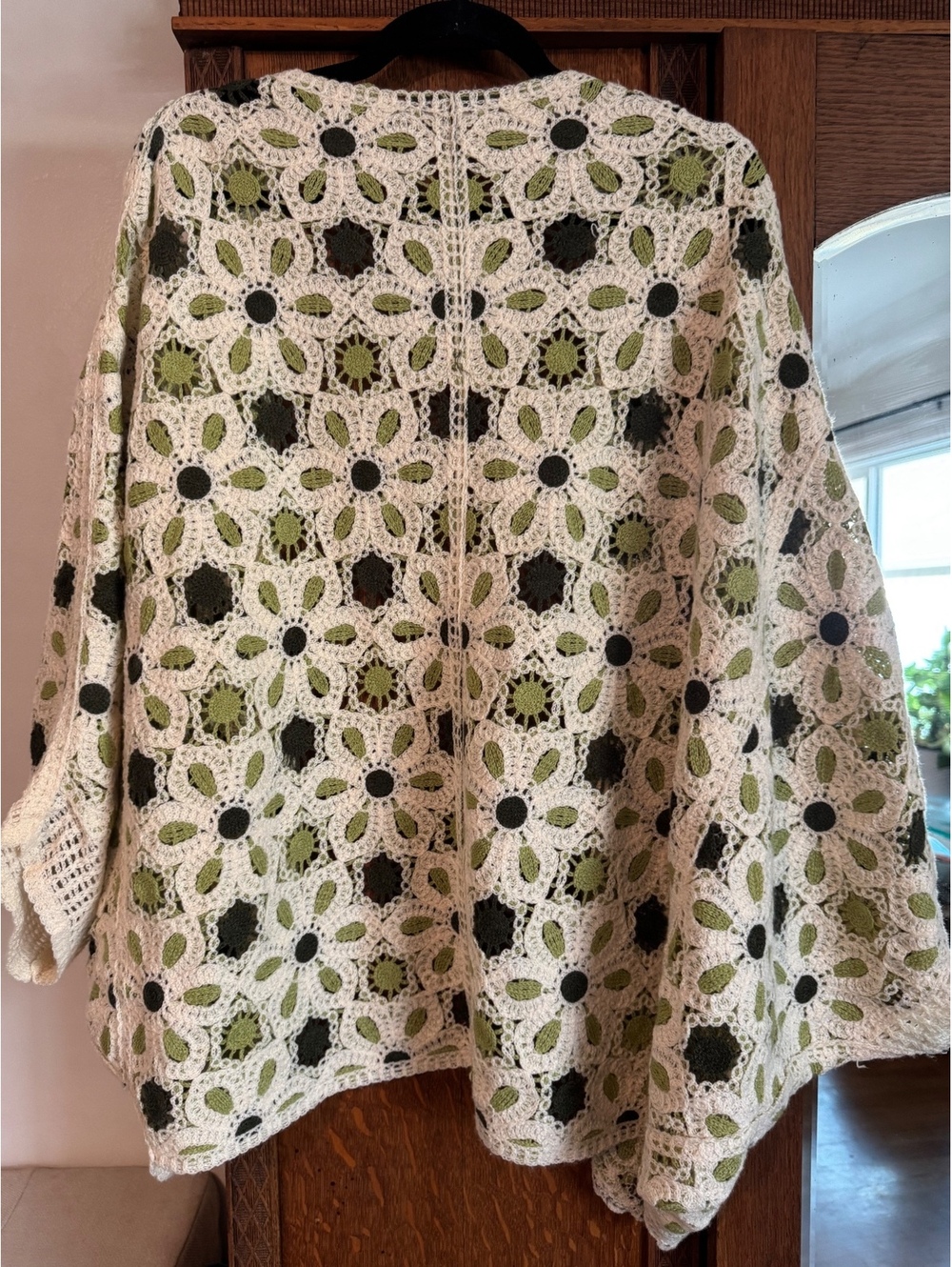 POL Boho Cottage Olive Sage Cream Floral Crochet Open Front Batwing Cardigan